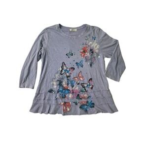 Jess & Jane Green Floral Butterfly Tiered 3/4 Sleeve Tunic Top Whimsy L